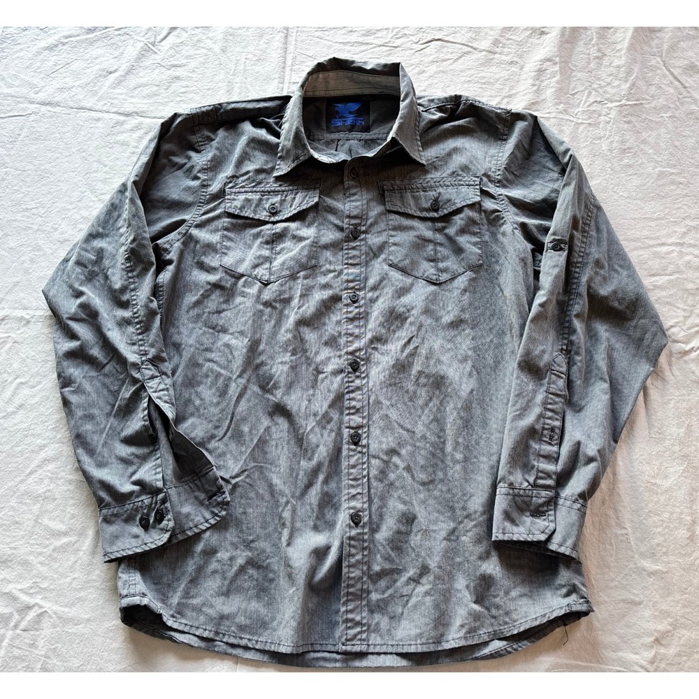 Shiekh Mens Grey Button Down Utility Shirt Long Sleeve Roll Tab Pockets Medium